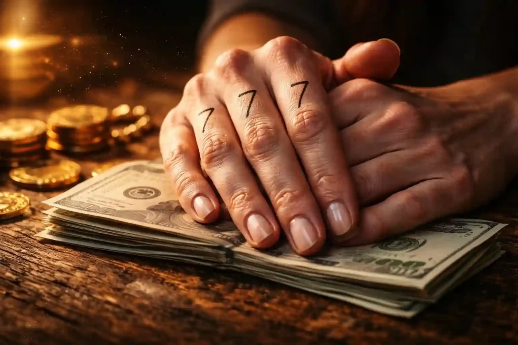 A gritty, unedited close-up of hands during a 777 manifestation method money ritual, showing skin texture and veins.