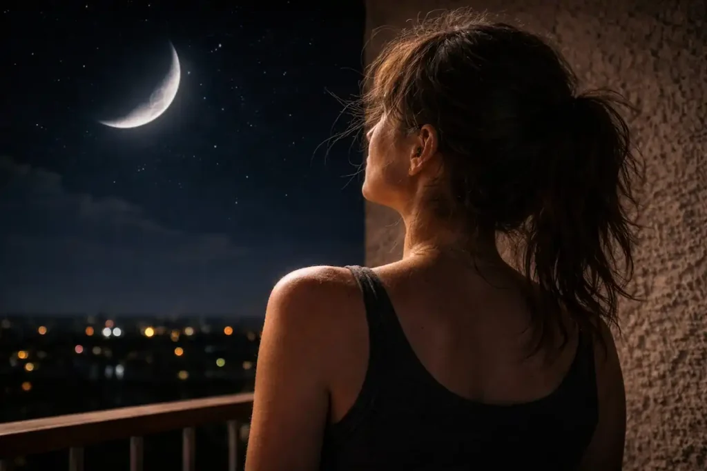A wide shot of a woman looking at the 2026 moon, optimized for birth moon financial timing and the 2026 wealth shift.