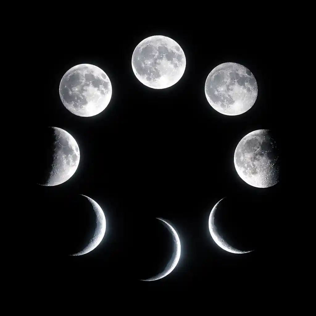 A high-definition astronomical collage of the 8 moon phases arranged in a circular clock formation, illustrating the birth moon phase on my birthday and lunar personality architectures.