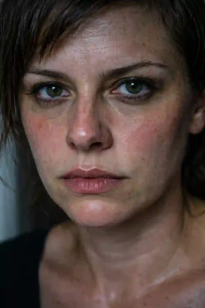 Close-up of a stressed face with visible pores, representing financial timing biology and the invisible income ceiling.