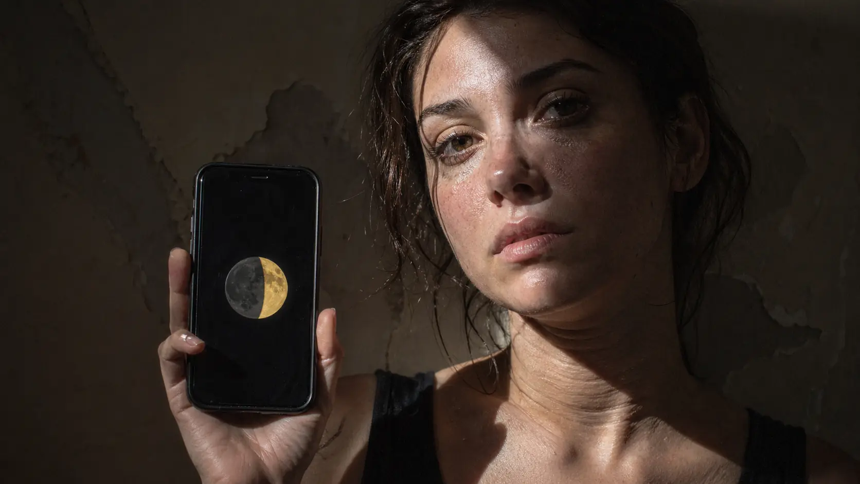 A raw photography shot of a woman staring at a first quarter moon emoji on her phone, representing the decision frequency and neural stress test.