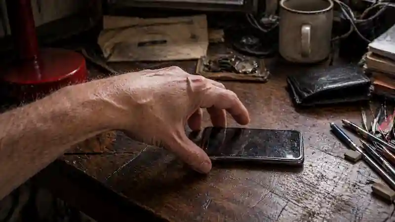 Raw photography of a workspace with a phone displaying 🌓 digital sigils to overcome hurdles and vibration stress test.