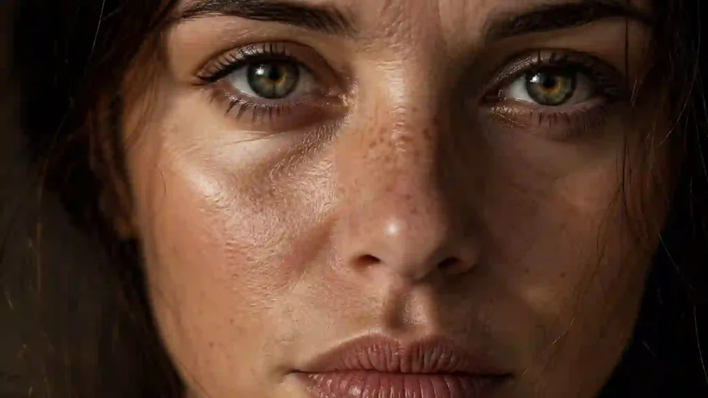 A close-up raw shot of a person’s face during a neural stress test under the first quarter moon phase emoji frequency.