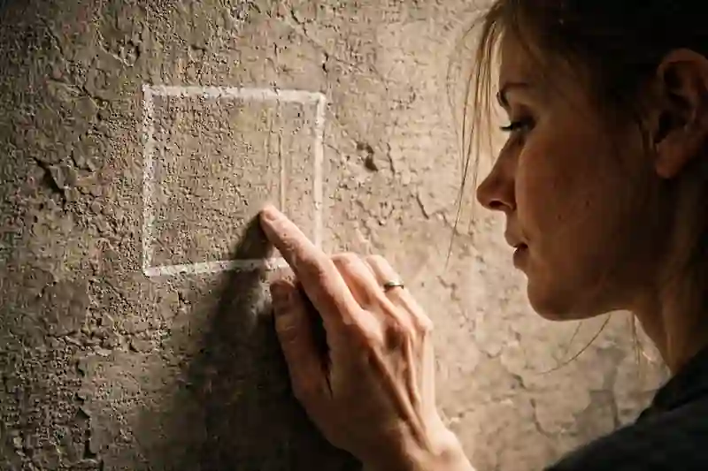 Raw photo of a Capricorn woman's hand tracing a square on a cracked, textured wall, representing zodiac manifestation sign.
