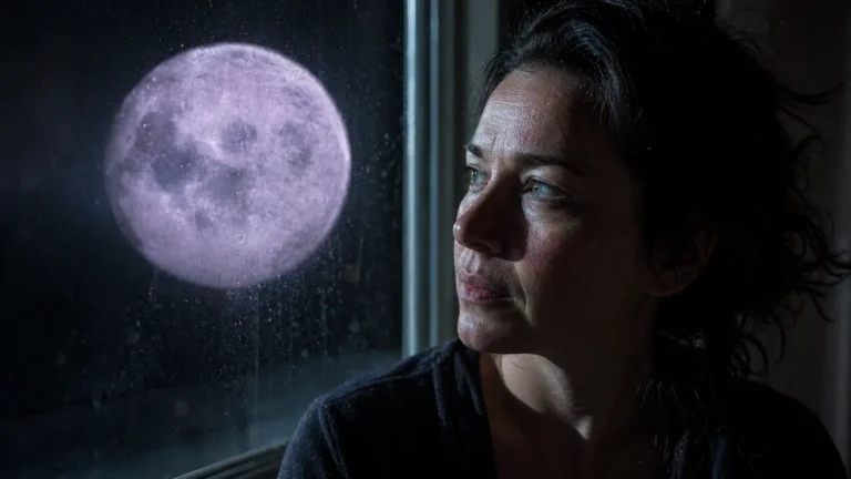 A raw 10K photograph of the massive Full Moon in Scorpio May 2026 seen through a window, illuminating a woman's face during a wealth ritual.