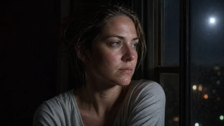 Raw photo of a woman with messy hair staring out a window during the Full Moon in Scorpio May 1st 2026, visible skin grit and exhaustion from Lunar Insomnia.
