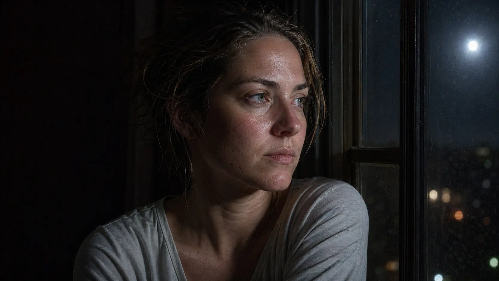 Raw photo of a woman with messy hair staring out a window during the Full Moon in Scorpio May 1st 2026, visible skin grit and exhaustion from Lunar Insomnia.