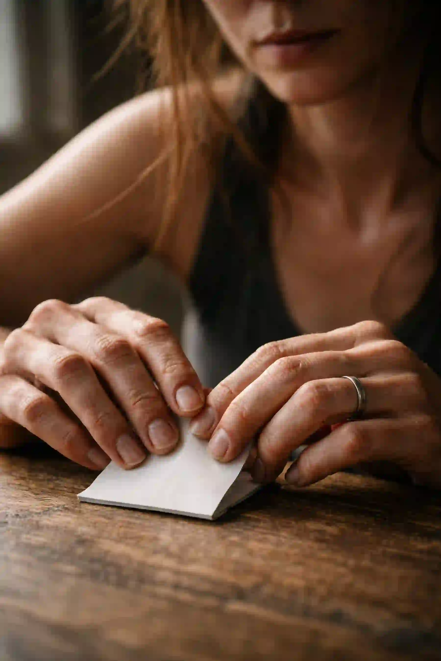 Detailed dry skin texture of an Aquarius woman's hands folding a square note to seal the manifestation on the 4/4 portal.