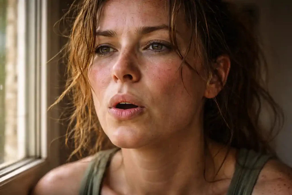 Unfiltered photo of a woman's face with natural skin grit and rosacea, focusing on a deep exhale for nervous system regulation.