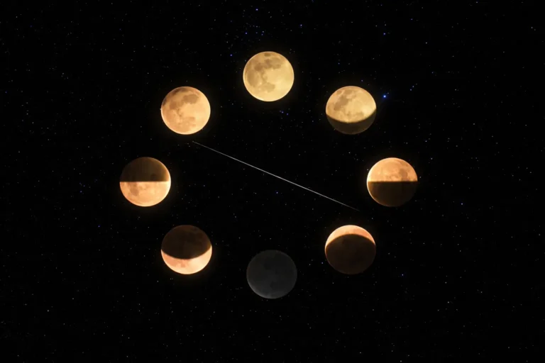 A high-definition, raw astronomical photograph of the lunar cycle showing various moon phases on my birthday against a pitch-black sky, representing the moon when I was born.