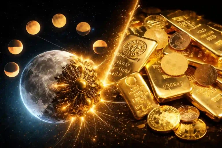 Abstract raw photo of a glowing lunar cycle merging with golden biological neurons, representing moon phase on my birthday wealth and the 777 manifestation method money reset.