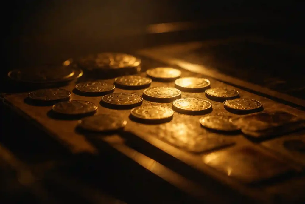 A gritty, high-contrast photograph of antique coins under warm atmospheric lighting, representing the birth moon wealth frequency and hidden abundance potential.