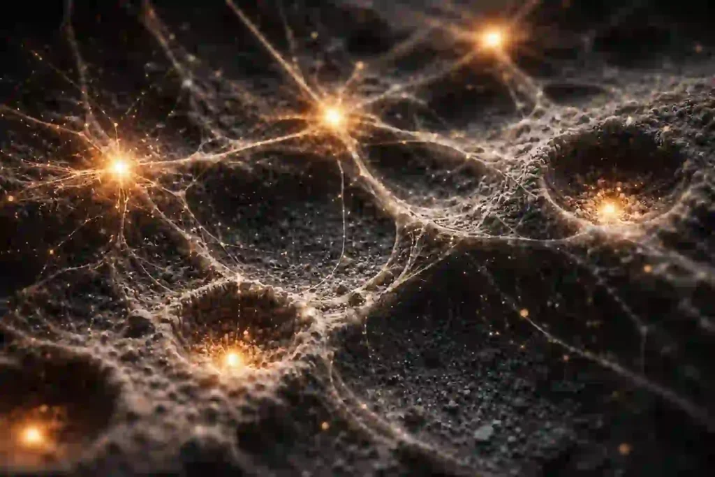 A raw, hyper-detailed close-up of a neural network pattern mimicking lunar craters, representing hypothalamus hardwiring and the moon when i was born.