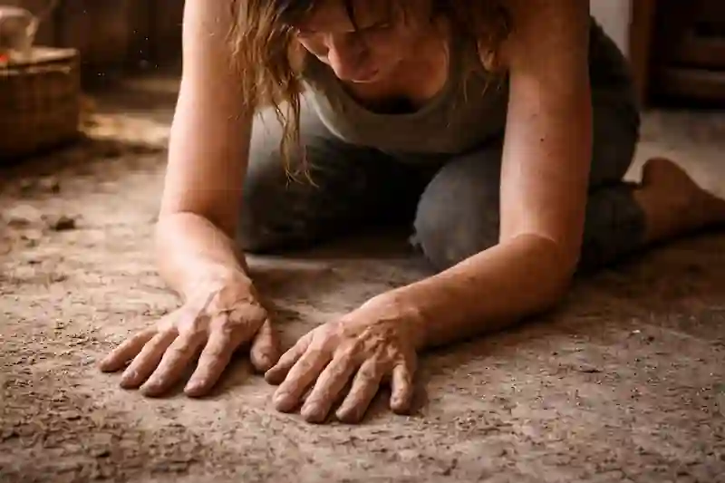 Gritty candid photo of a woman sitting on a textured plaster floor, hands grounded, for 444 portal nervous system safety