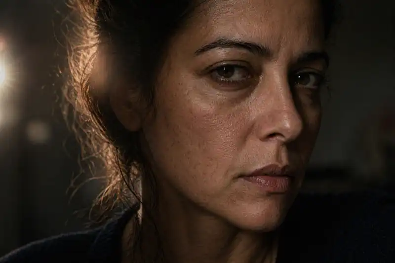 Side-profile of a woman showing neck lines and realistic skin texture, comparing starting period on New Moon vs Full Moon.