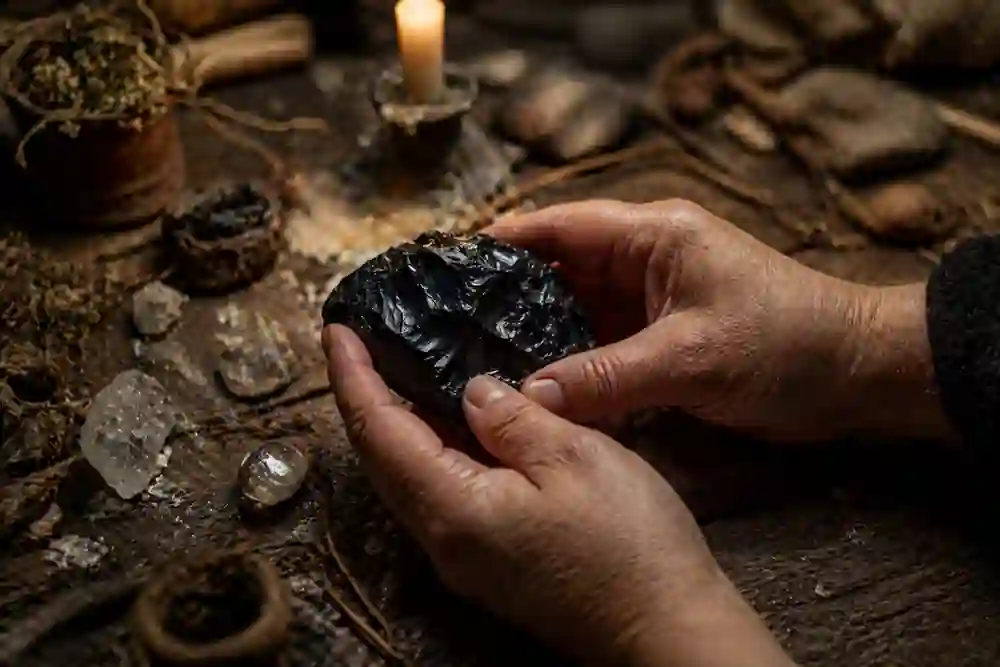 Close-up of hands holding a dark moon stone during a New Moon manifestation ritual, showing skin grit and dry cuticles.