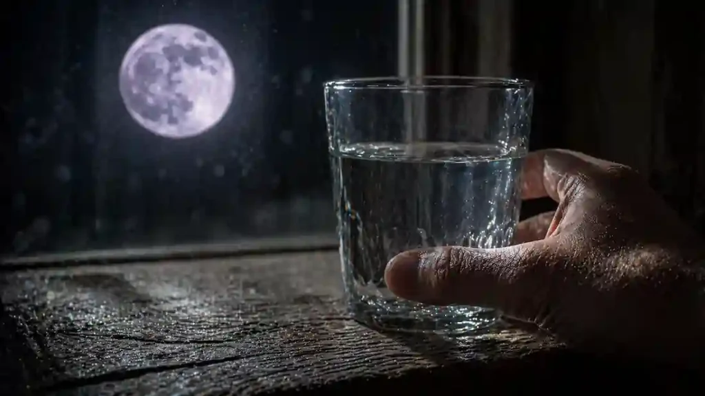 A raw photo of a glass of water being charged under the Full Moon in Scorpio May 2026 for a wealth ritual.