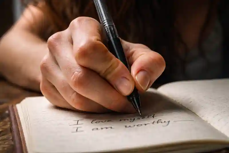Raw capture of hands writing for self-love journaling and emotional healing.
