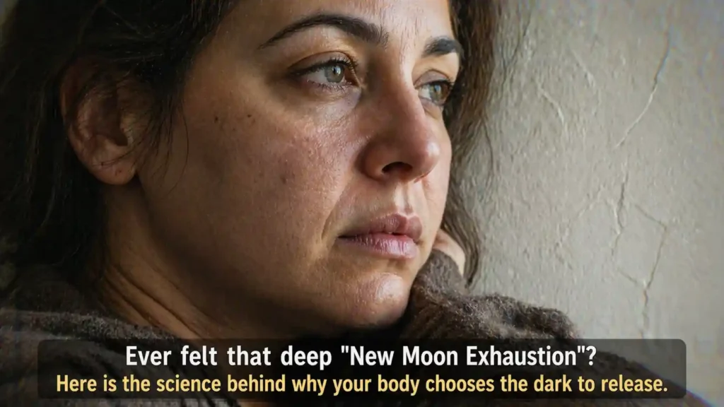 Candid shot of a woman experiencing starting period on New Moon with visible skin texture and hormonal spirituality vibes.