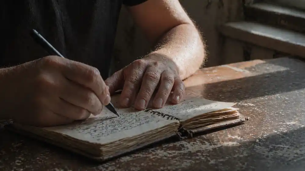 A close-up of hands holding a worn-out journal, illustrating the Sun vs Moon signs manifestation and the deep Conscious Gap.