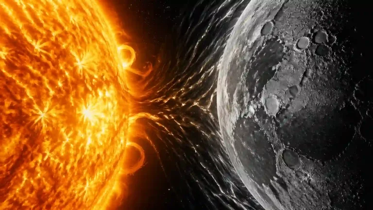 A raw, high-detail cosmic photography shot of a solar eclipse meeting a lunar glow, representing Sun vs Moon signs manifestation and the 2026 wealth shift without human figures.
