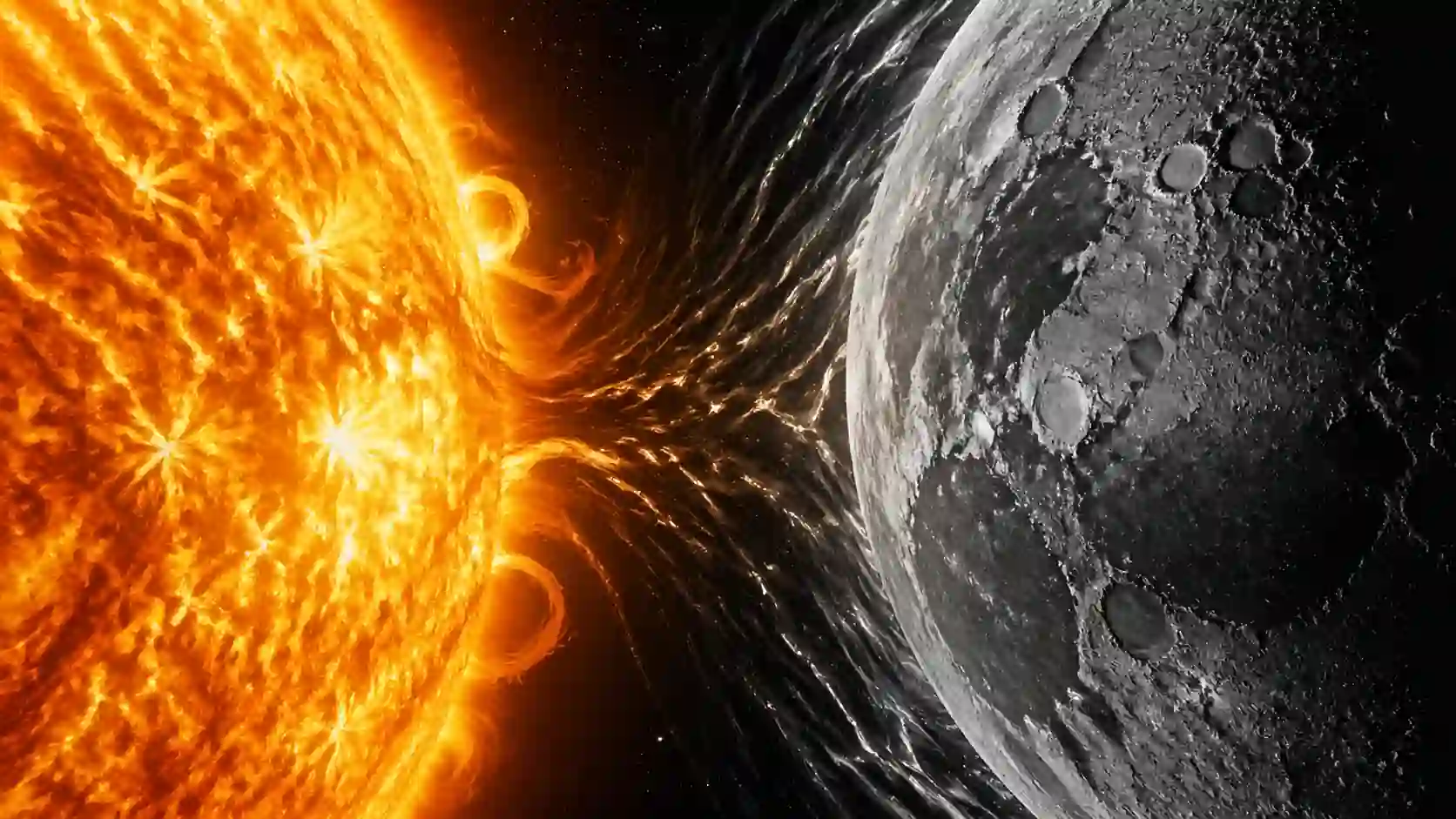 A raw, high-detail cosmic photography shot of a solar eclipse meeting a lunar glow, representing Sun vs Moon signs manifestation and the 2026 wealth shift without human figures.