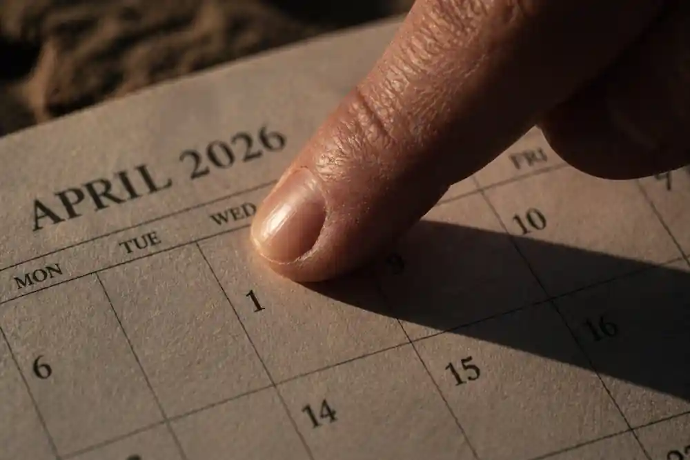 A woman’s hand with visible veins touching a 2026 lunar calendar, focusing on the White Moon Cycle timing.