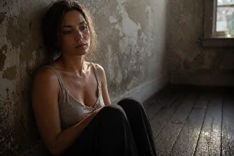 Raw 3:2 photograph of a woman sitting on a textured wooden floor, flyaway hairs visible, connected to the White Moon Cycle during the Full Moon in Scorpio May 1st 2026.