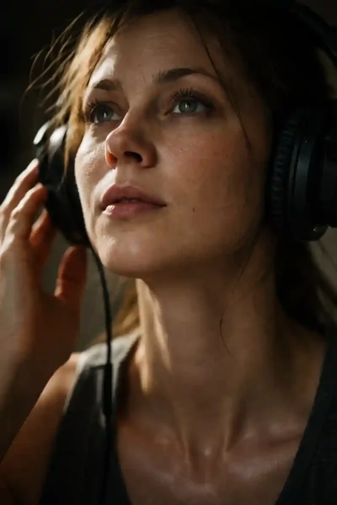 Unprocessed photo of a woman with tech-neck lines wearing headphones, listening to 432Hz for 444 frequency grounding
