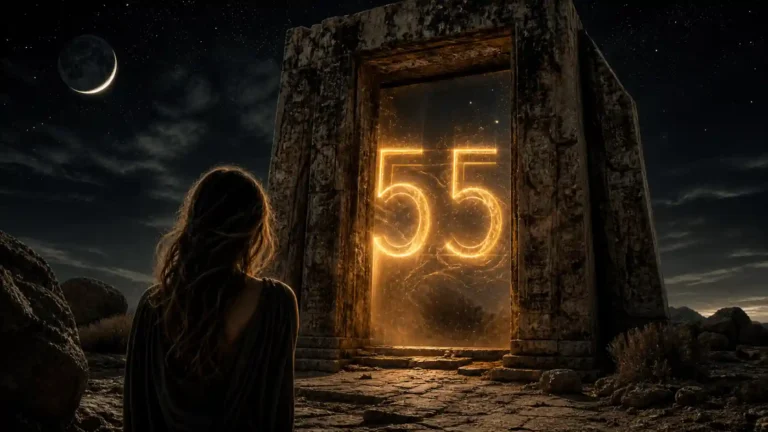 A raw, unfiltered photograph of a mystical stone gateway glowing with a neon '55' under a starlit Taurus New Moon sky, symbolizing a spiritual energy shift and karmic reset.
