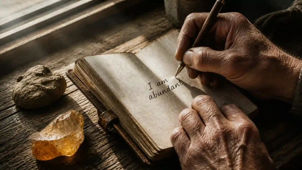 A candid, close-up photo of hands performing a 55 portal wealth manifestation ritual with a journal, clay, and crystals on a rustic wooden table.