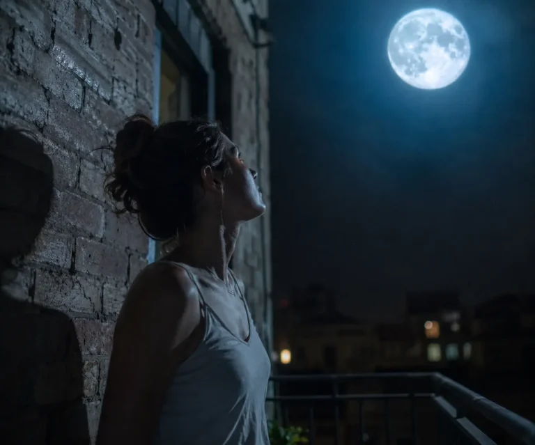 Raw photo of a woman looking at a huge bright Blue Moon tonight, feeling her red moon cycle shift symptoms.