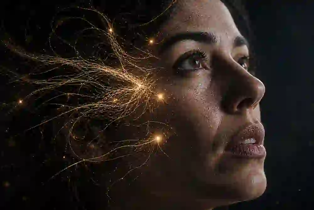 Portrait of a woman with asymmetrical facial features and fractal patterns on her temple representing Ego Dissolution signs and Neural Rewiring.