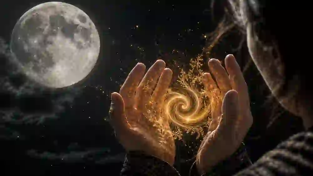 Extreme close-up of human hands with visible skin grit and dry cuticles, holding a golden fractal illusion representing Full Moon Identity Death and the Wealth Portal.