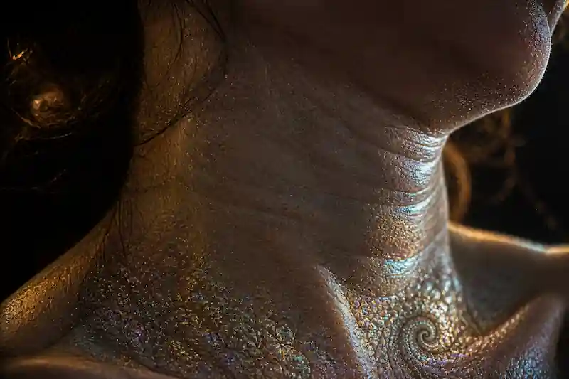 Extreme detailed shot of a woman's neck and jawline with fractal geometric skin textures representing Full Moon Identity Death and frequency calibration.