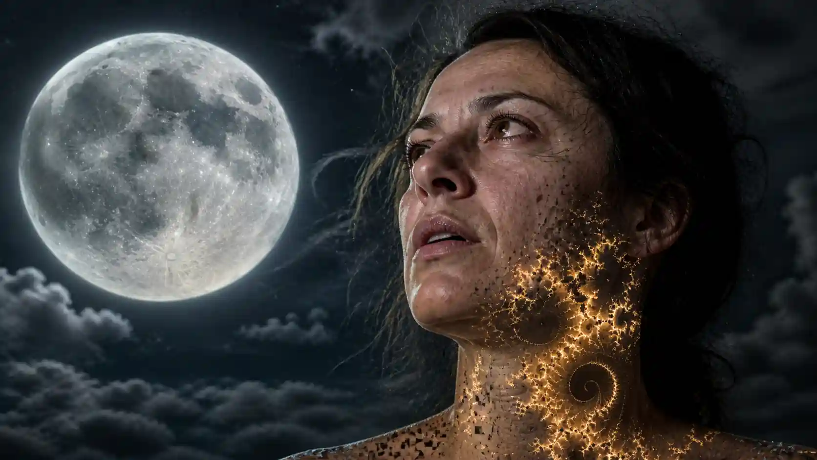 10K raw photography portrait of a woman with fractal skin patterns, reflecting Full Moon symptoms spiritual meaning and identity shift.