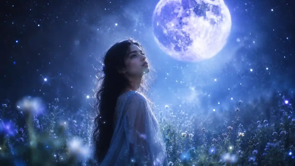 A dreamy, ethereal photograph of a woman standing under the Blue Moon May 2026, surrounded by a soft glowing lunar mist and stardust. Is the Blue Moon Tonight
