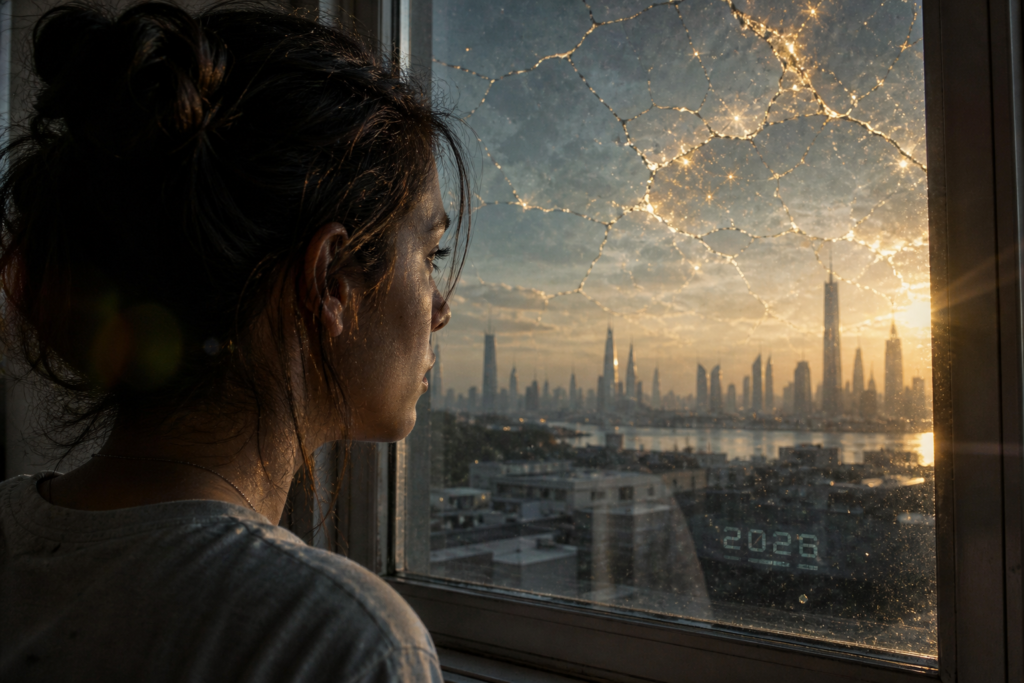 A woman looking at a horizon with a fractal Full Moon, representing the Lunar Afterglow and successfully opening the Wealth Portal.
