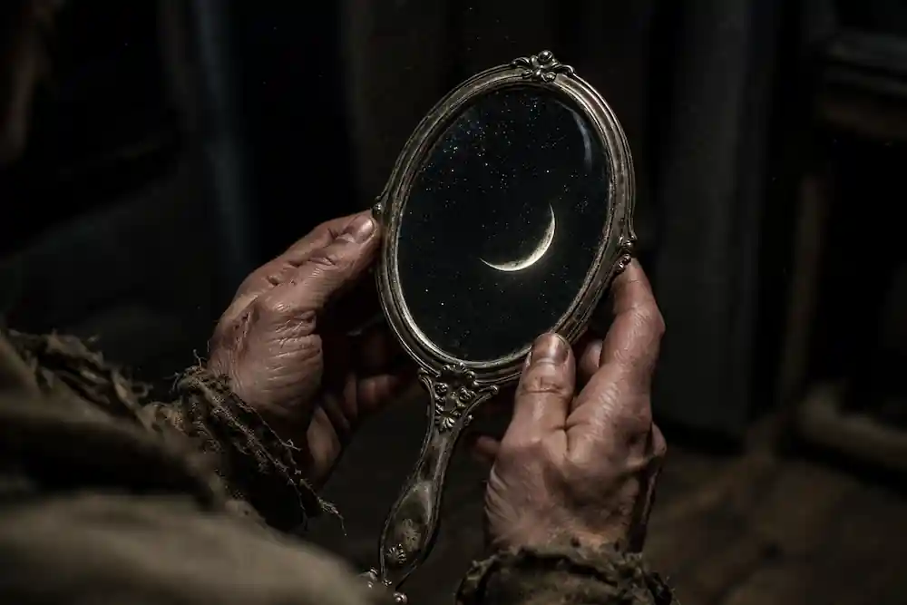 A gritty, handheld shot of a person holding a small, old mirror reflecting a crescent moon, symbolizing the secret manifestation code of a birthday moon phase.