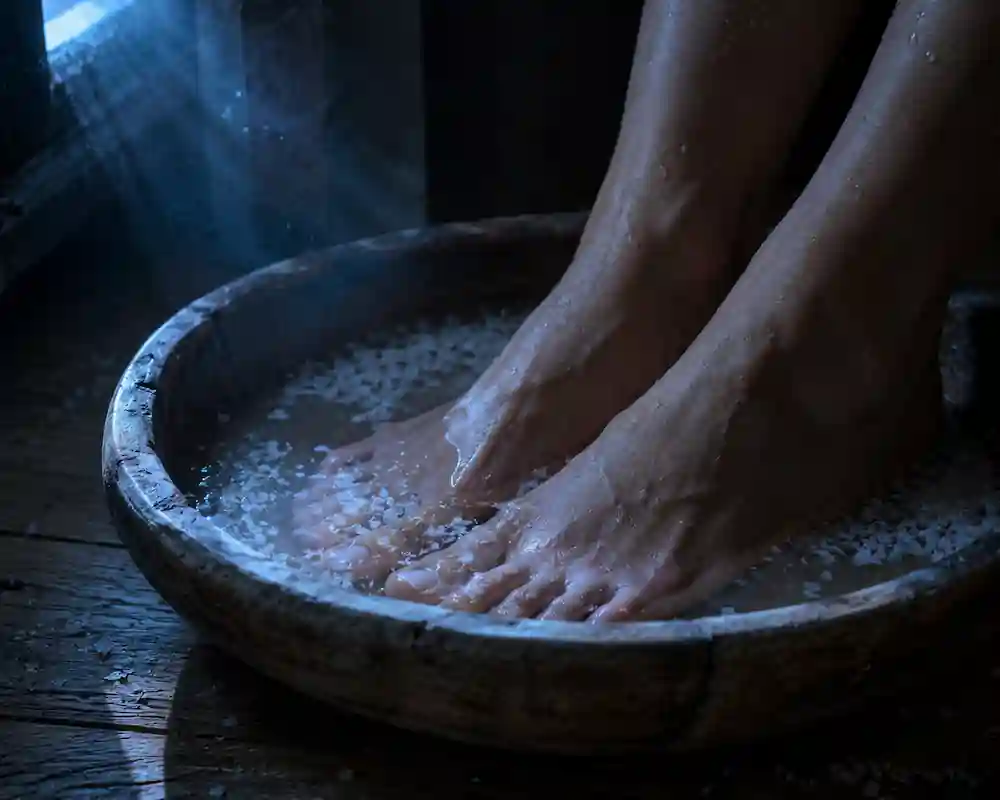 Hyper-realistic photo of feet in a wooden bowl of salt water, ritual for red moon cycle during a blue moon.
